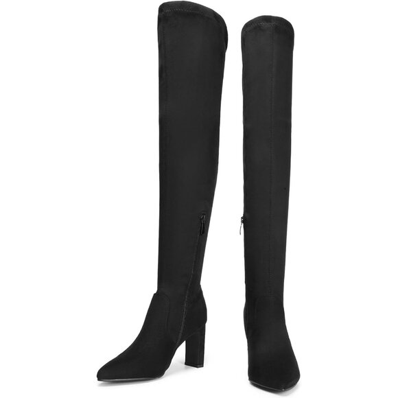 Women's Black Suede Over The Knee Thigh High Chunky Heels Pointed Toe Fall Boots - Picture 6 of 7